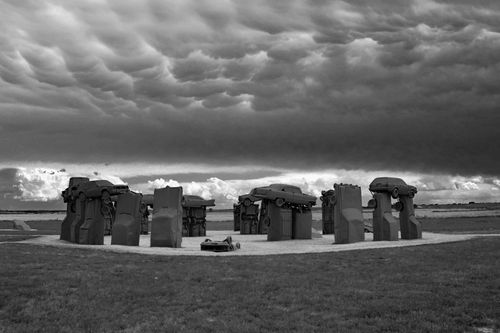 Black and white photo of Carhenge in Alliance, Nebraska.