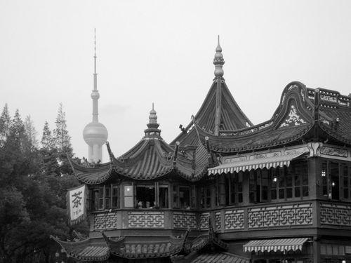 Chinese style buildings in front of the Shanghai TV Tower