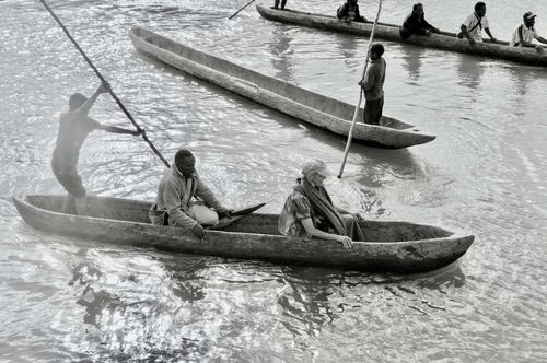 Three dugout canoes crossing a stream. 