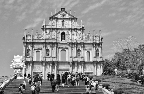 Front steps and facade of St. Paul's Cathedral in Macau.