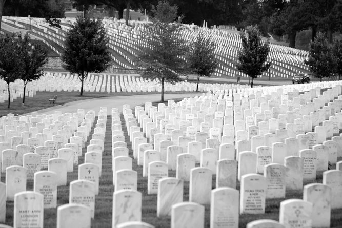 Looking across the fields of headstones at Jefferson Barracks National Cemetery.