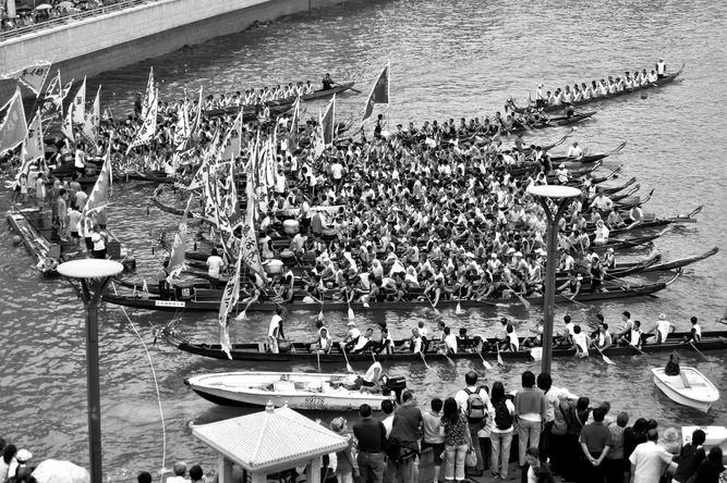 Lines of dragon boat teams lined up in the bay for the dragon boat races.