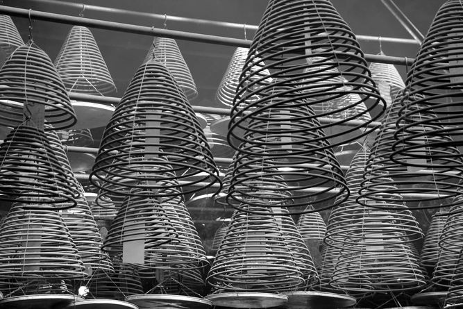 Burning incense coils at the Tin Hau Temple